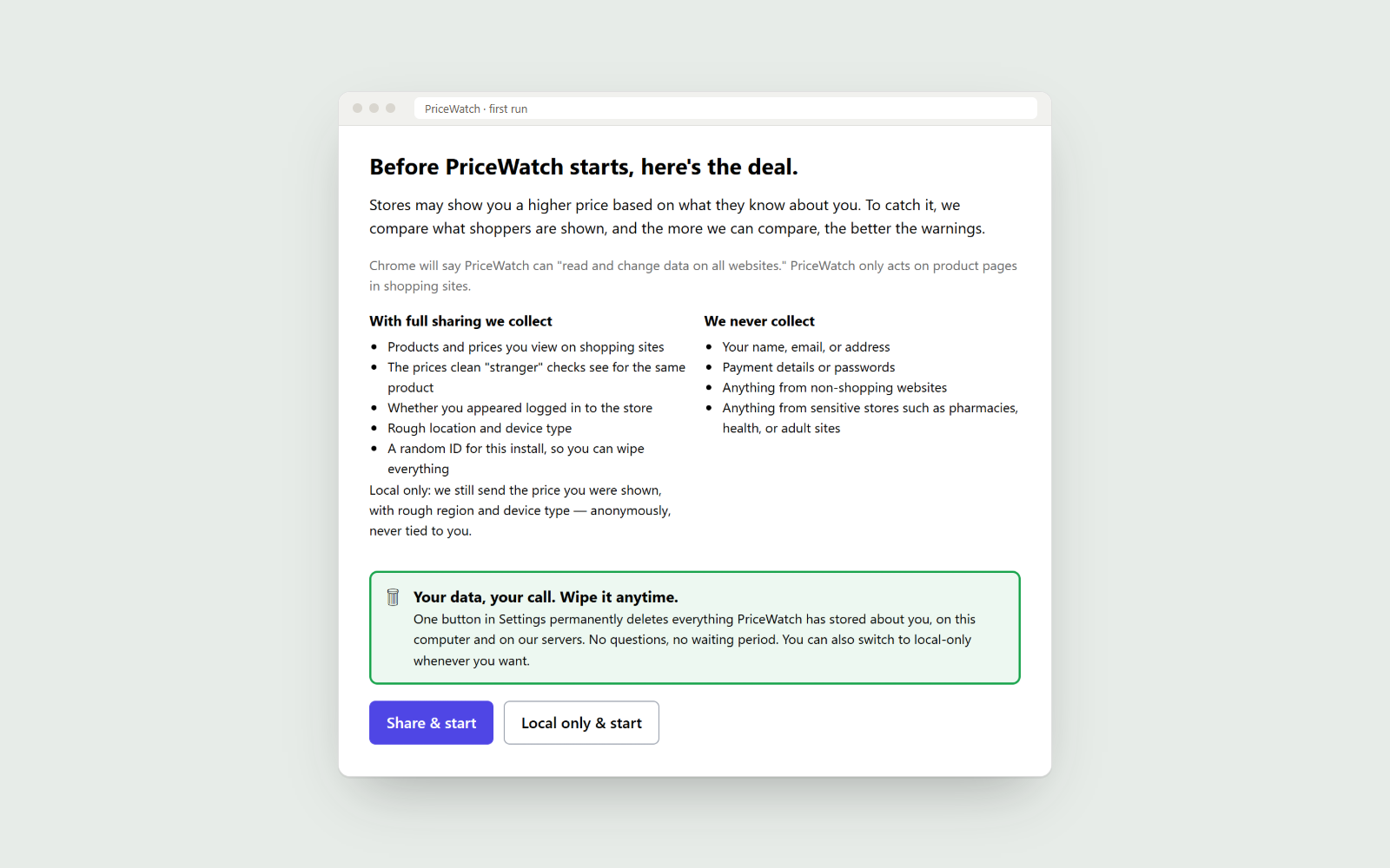 PriceWatch first-run screen: what full sharing collects, what PriceWatch never collects, a wipe-anytime promise, and two buttons, Share & start and Local only & start